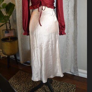 Babaton by Aritzia Slip Satin-feel Midi Skirt -Cream Champagne Tan High Rise